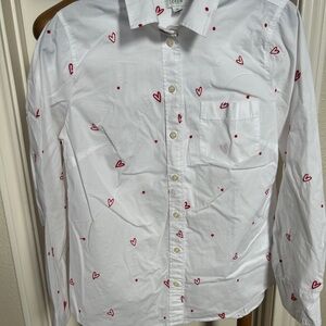 J. Crew White Button-Down Shirt with Red Embroidered Hearts